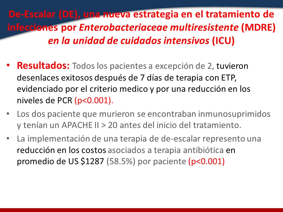 De-Escalar (DE), una nueva estrategia en el tratamiento de infecciones por Enterobacteriaceae multiresistente (MDRE) en la unidad de cuidados intensivos (ICU)