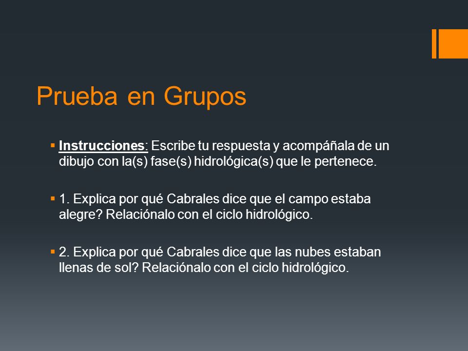 Prueba en Grupos Instrucciones: Escribe tu respuesta y acompáñala de un dibujo con la(s) fase(s) hidrológica(s) que le pertenece.