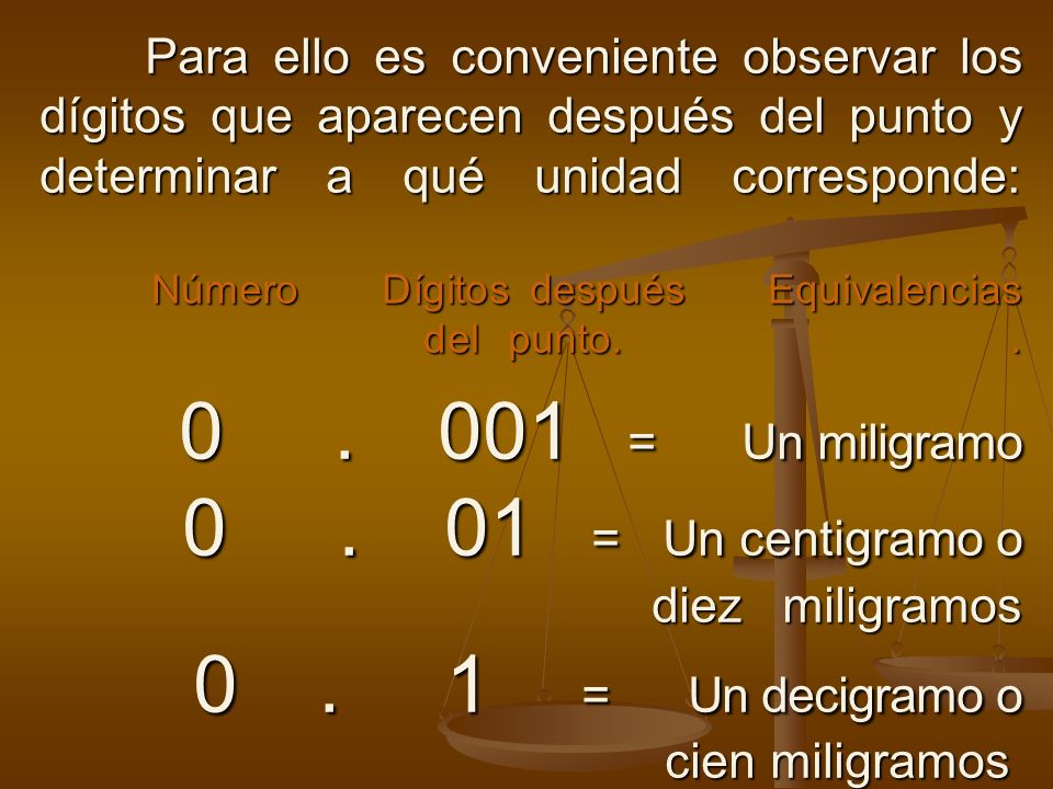 Para ello es conveniente observar los dígitos que aparecen después del punto y determinar a qué unidad corresponde: Número Dígitos después Equivalencias del punto.