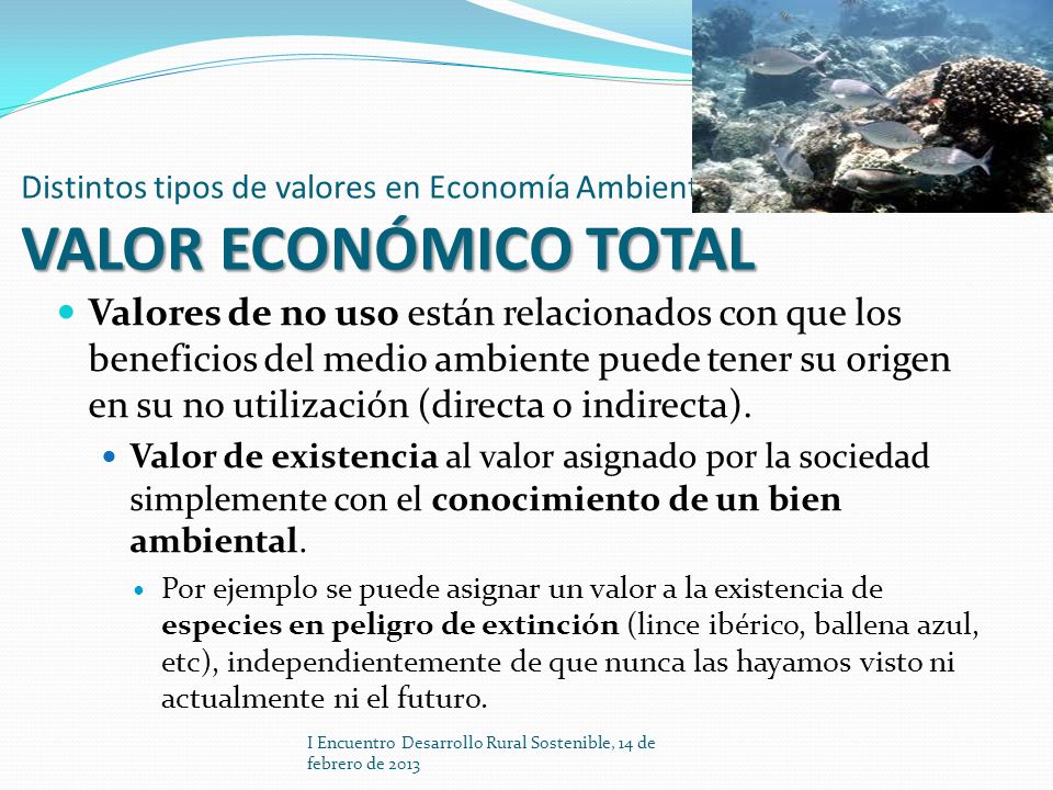 Distintos tipos de valores en Economía Ambiental VALOR ECONÓMICO TOTAL
