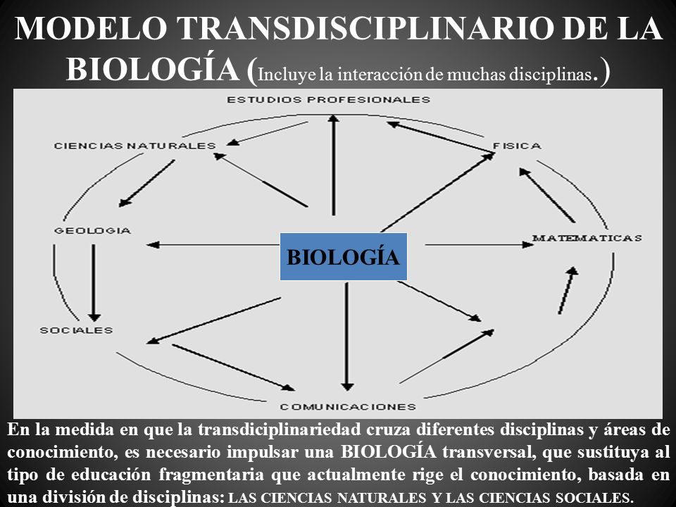 MODELO TRANSDISCIPLINARIO DE LA BIOLOGÍA (Incluye la interacción de muchas disciplinas.)