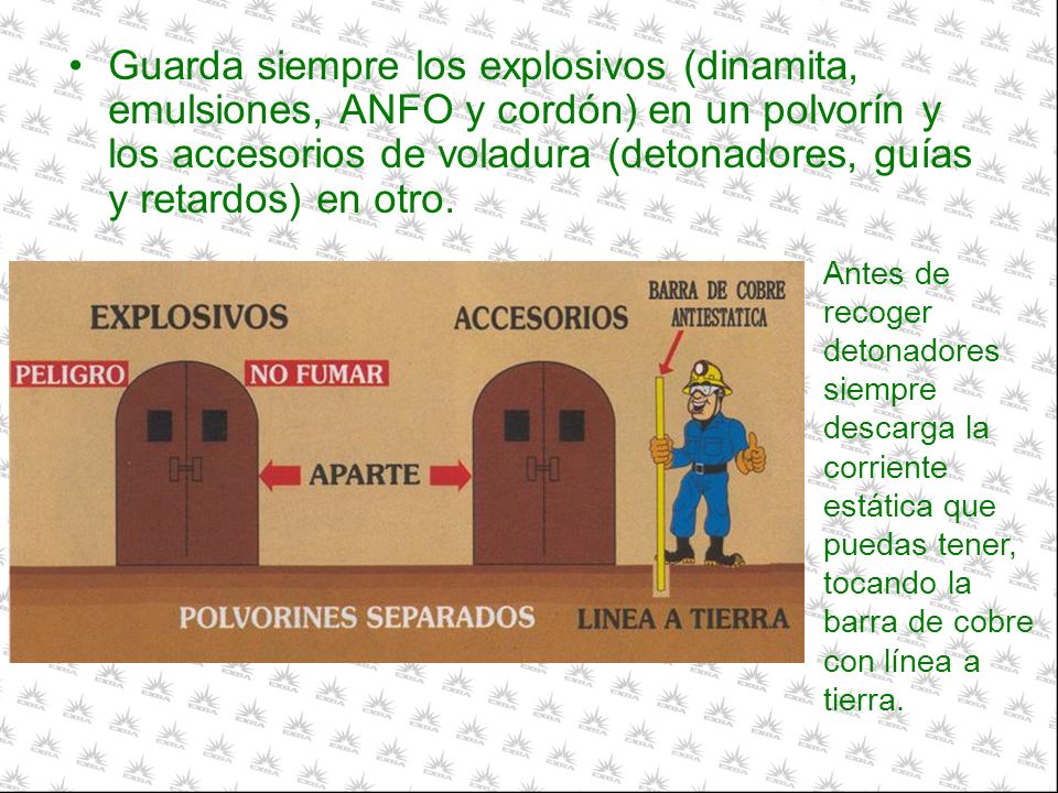 Guarda siempre los explosivos (dinamita, emulsiones, ANFO y cordón) en un polvorín y los accesorios de voladura (detonadores, guías y retardos) en otro.