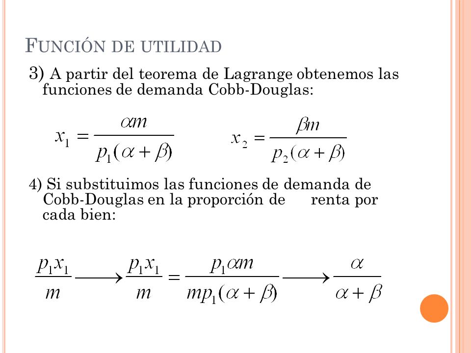 Función de utilidad 3) A partir del teorema de Lagrange obtenemos las funciones de demanda Cobb-Douglas: