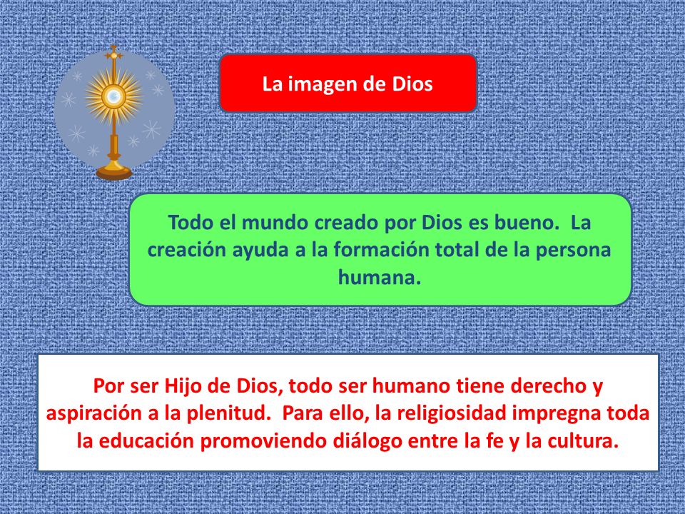La imagen de Dios Todo el mundo creado por Dios es bueno. La creación ayuda a la formación total de la persona humana.