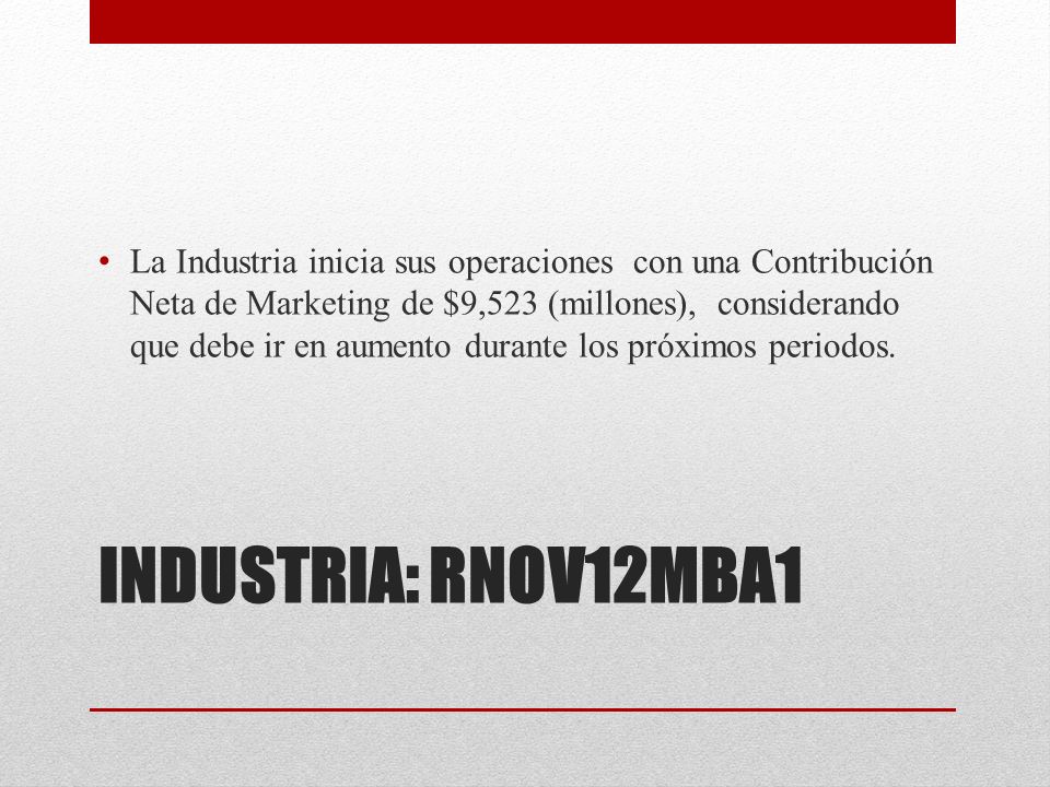 La Industria inicia sus operaciones con una Contribución Neta de Marketing de $9,523 (millones), considerando que debe ir en aumento durante los próximos periodos.