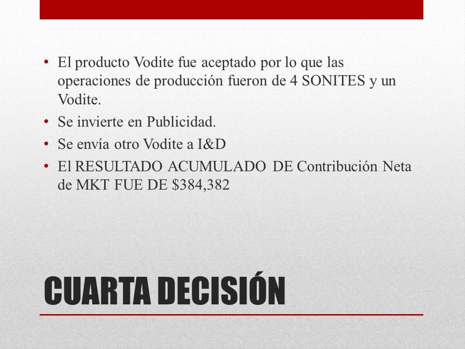 El producto Vodite fue aceptado por lo que las operaciones de producción fueron de 4 SONITES y un Vodite.