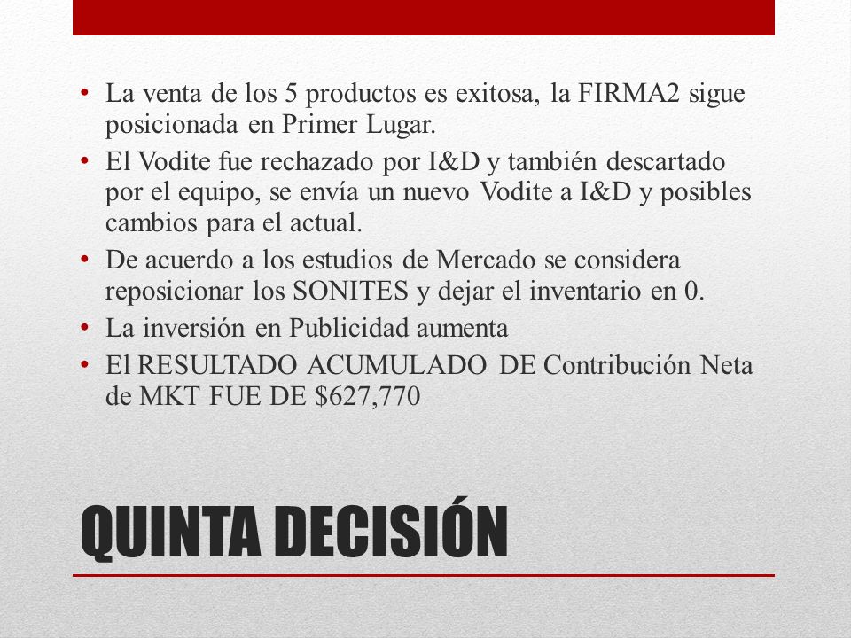La venta de los 5 productos es exitosa, la FIRMA2 sigue posicionada en Primer Lugar.