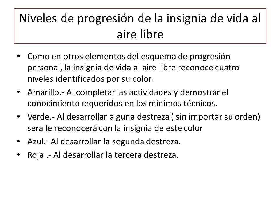 Niveles de progresión de la insignia de vida al aire libre