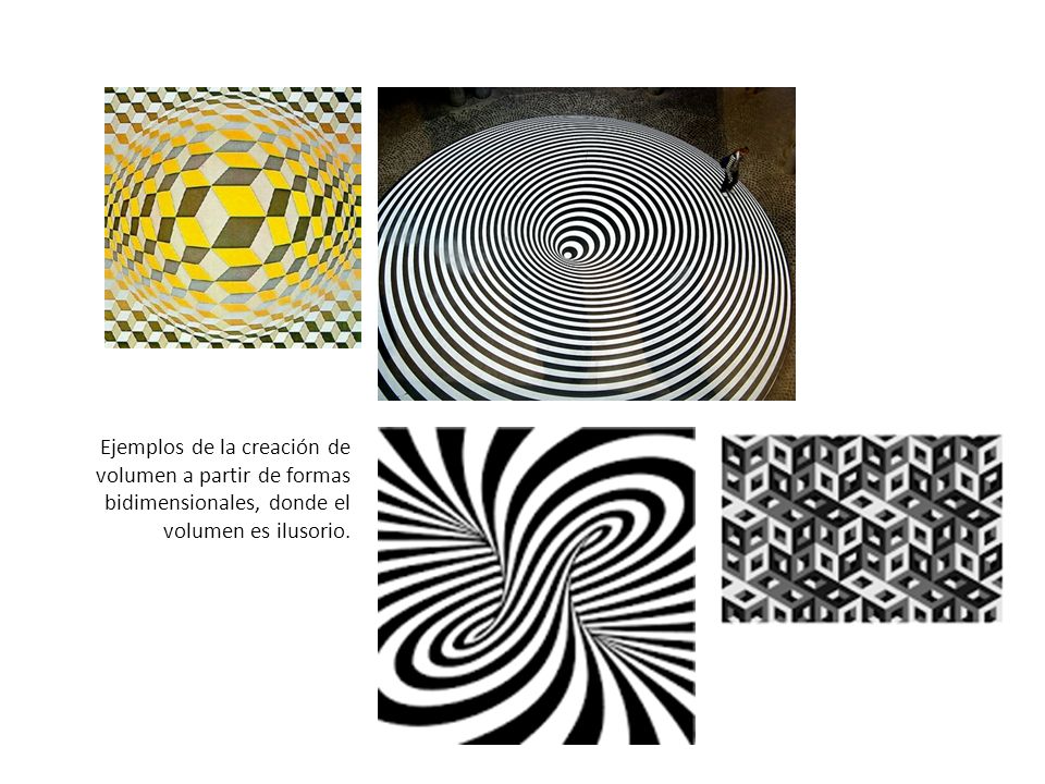 Ejemplos de la creación de volumen a partir de formas bidimensionales, donde el volumen es ilusorio.