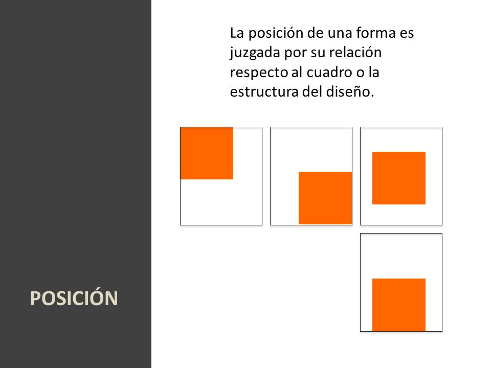 La posición de una forma es juzgada por su relación respecto al cuadro o la estructura del diseño.