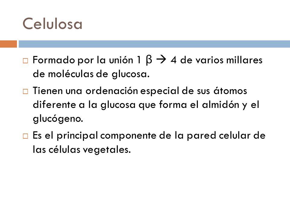 Celulosa Formado por la unión 1 β  4 de varios millares de moléculas de glucosa.