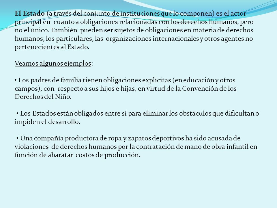 El Estado (a través del conjunto de instituciones que lo componen) es el actor principal en cuanto a obligaciones relacionadas con los derechos humanos, pero no el único. También pueden ser sujetos de obligaciones en materia de derechos humanos, los particulares, las organizaciones internacionales y otros agentes no pertenecientes al Estado.