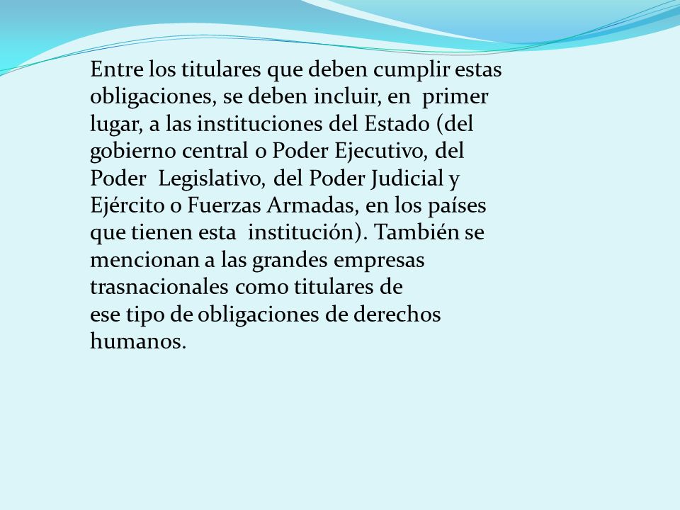 Entre los titulares que deben cumplir estas obligaciones, se deben incluir, en primer lugar, a las instituciones del Estado (del gobierno central o Poder Ejecutivo, del Poder Legislativo, del Poder Judicial y Ejército o Fuerzas Armadas, en los países que tienen esta institución). También se mencionan a las grandes empresas trasnacionales como titulares de