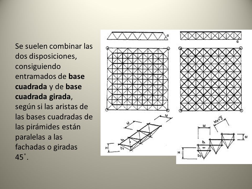 Se suelen combinar las dos disposiciones, consiguiendo entramados de base cuadrada y de base cuadrada girada, según si las aristas de las bases cuadradas de las pirámides están paralelas a las fachadas o giradas 45˚.