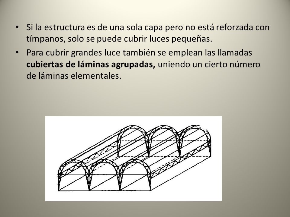Si la estructura es de una sola capa pero no está reforzada con tímpanos, solo se puede cubrir luces pequeñas.