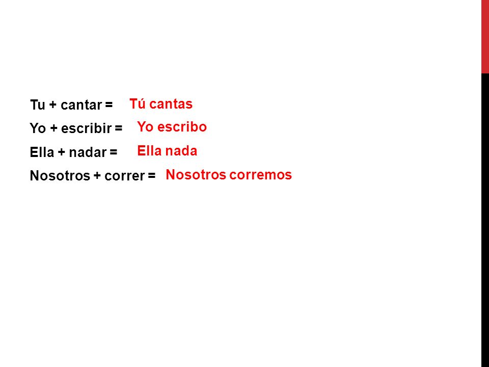 Tu + cantar = Yo + escribir = Ella + nadar = Nosotros + correr =