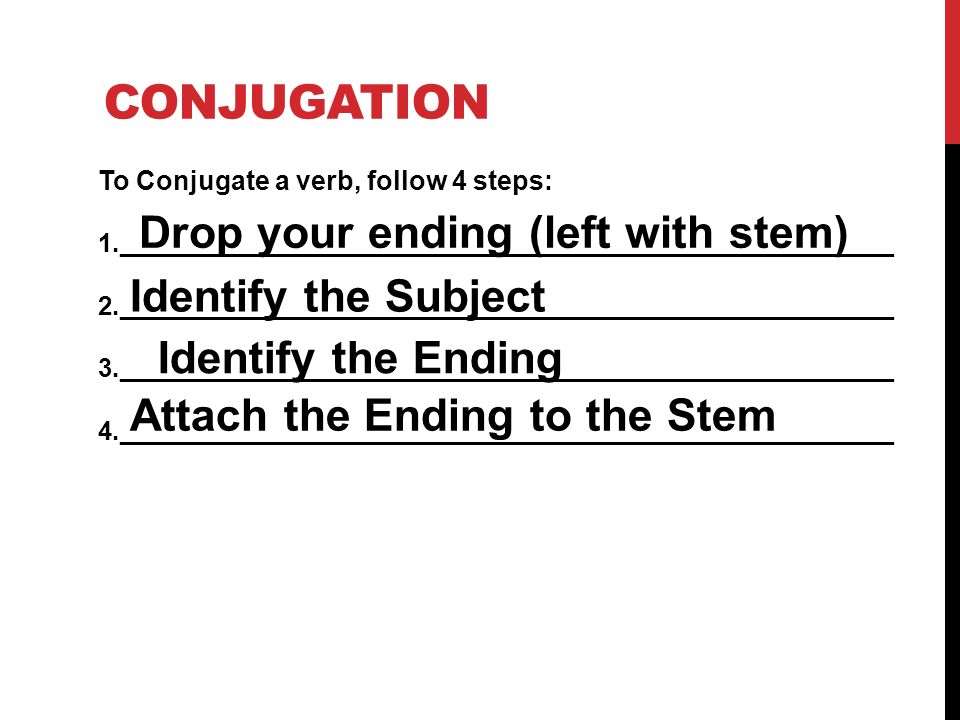 CONJUGATION Drop your ending (left with stem) Identify the Subject