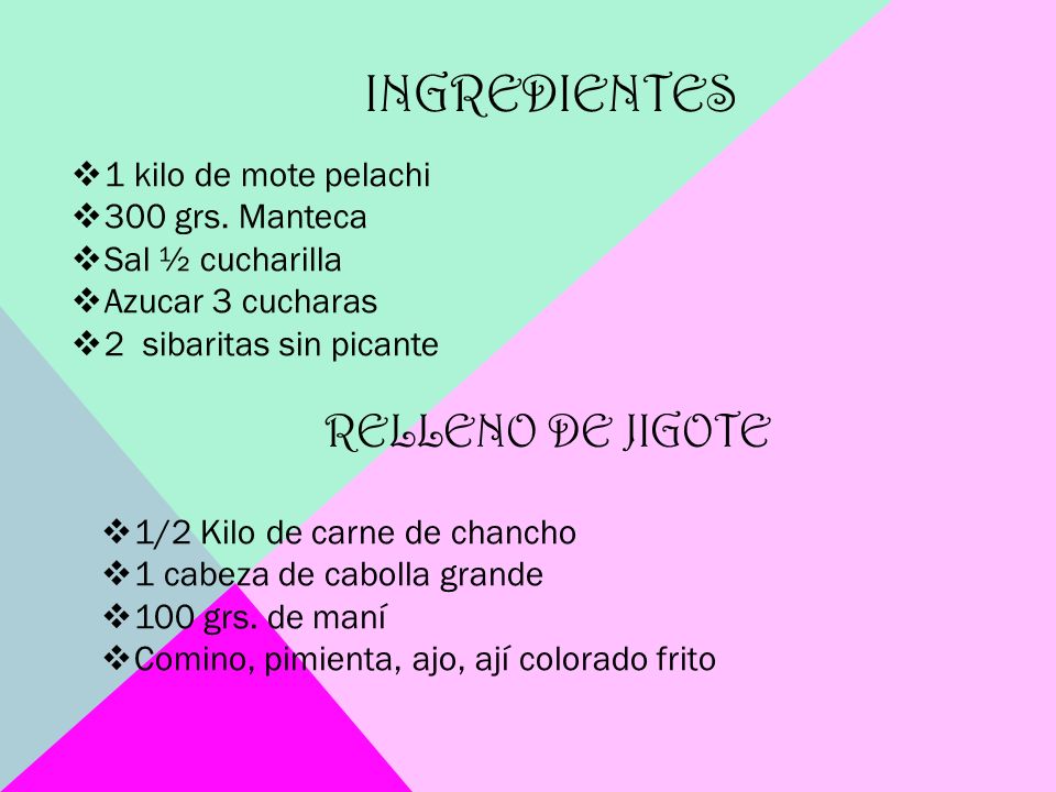 INGREDIENTES RELLENO DE JIGOTE 1 kilo de mote pelachi 300 grs. Manteca
