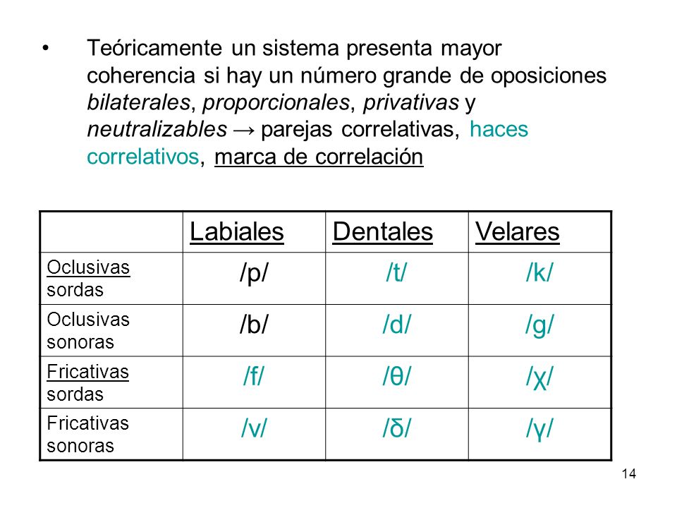 Labiales Dentales Velares /p/ /t/ /k/ /b/ /d/ /g/ /f/ /θ/ /χ/ /v/ /δ/