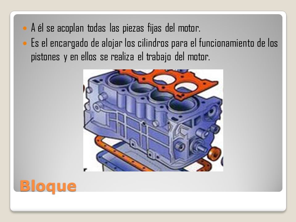 Bloque A él se acoplan todas las piezas fijas del motor.
