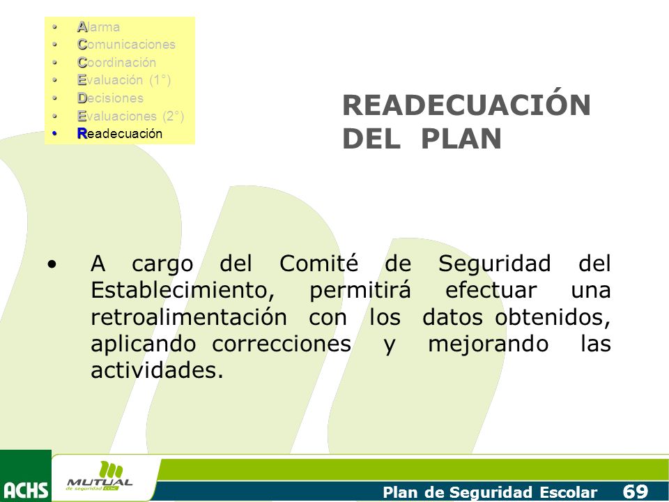 Alarma Comunicaciones. Coordinación. Evaluación (1°) Decisiones. Evaluaciones (2°) Readecuación.