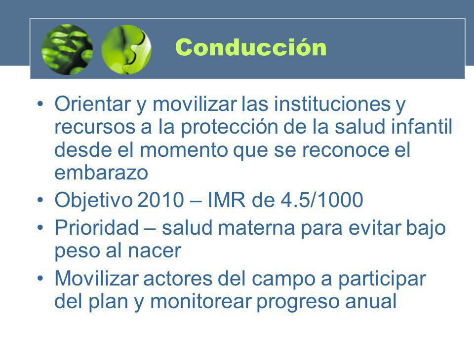 Conducción Orientar y movilizar las instituciones y recursos a la protección de la salud infantil desde el momento que se reconoce el embarazo.