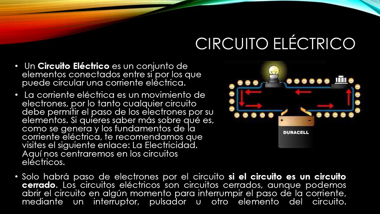 CIRCUITO ELÉCTRICO Un Circuito Eléctrico es un conjunto de elementos conectados entre si por los que puede circular una corriente eléctrica.