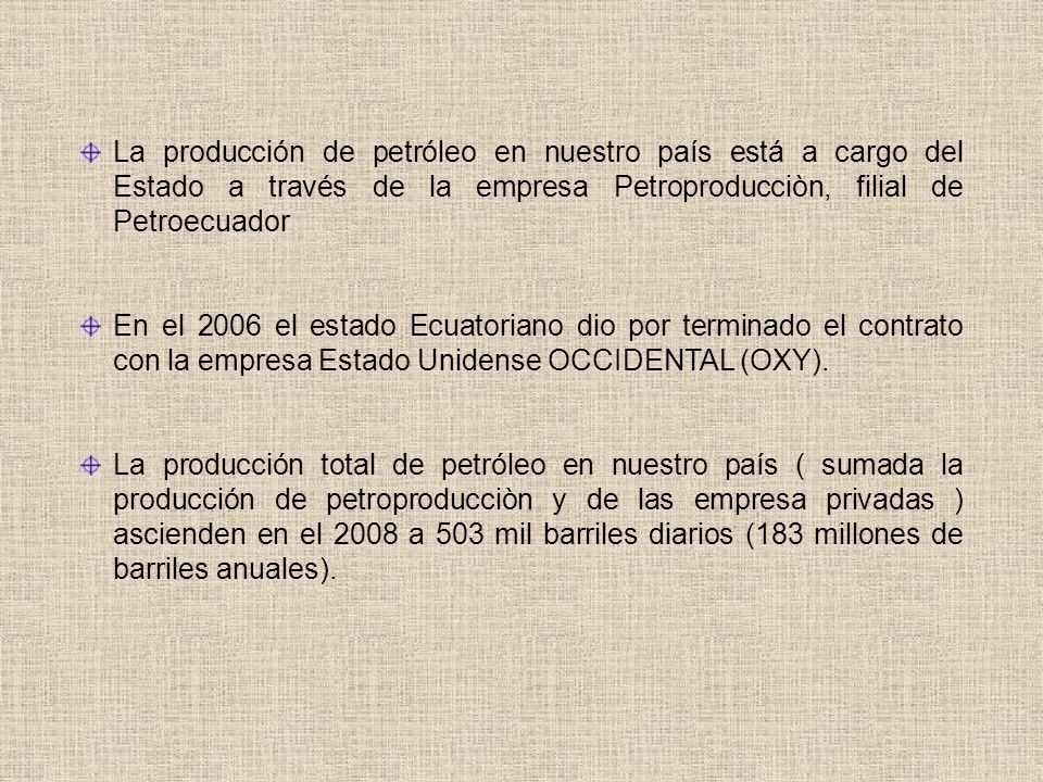 La producción de petróleo en nuestro país está a cargo del Estado a través de la empresa Petroproducciòn, filial de Petroecuador