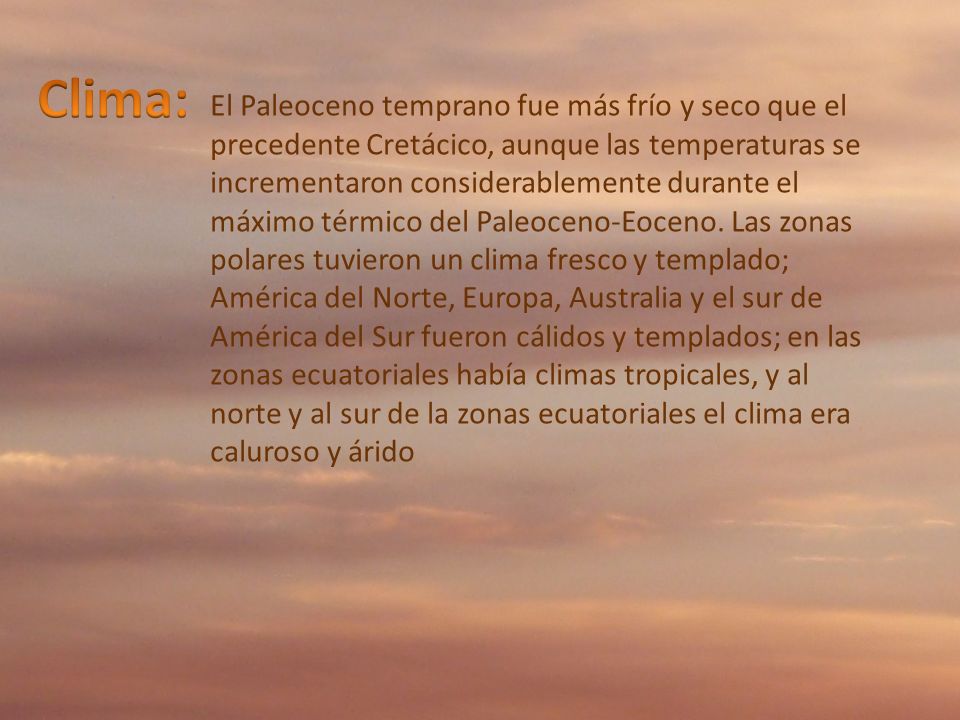 El Paleoceno temprano fue más frío y seco que el precedente Cretácico, aunque las temperaturas se incrementaron considerablemente durante el máximo térmico del Paleoceno-Eoceno. Las zonas polares tuvieron un clima fresco y templado; América del Norte, Europa, Australia y el sur de América del Sur fueron cálidos y templados; en las zonas ecuatoriales había climas tropicales, y al norte y al sur de la zonas ecuatoriales el clima era caluroso y árido