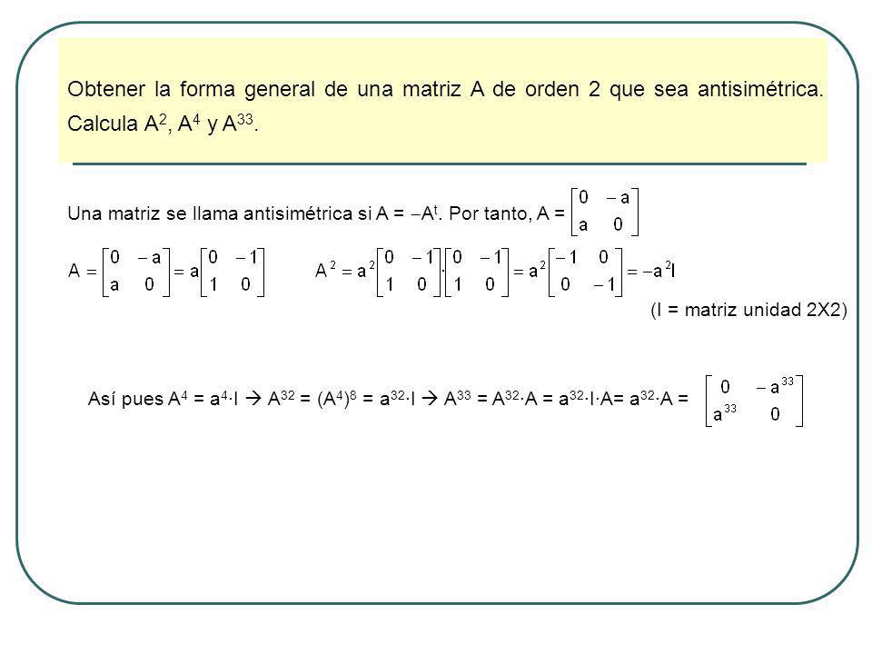 Obtener la forma general de una matriz A de orden 2 que sea antisimétrica. Calcula A2, A4 y A33.
