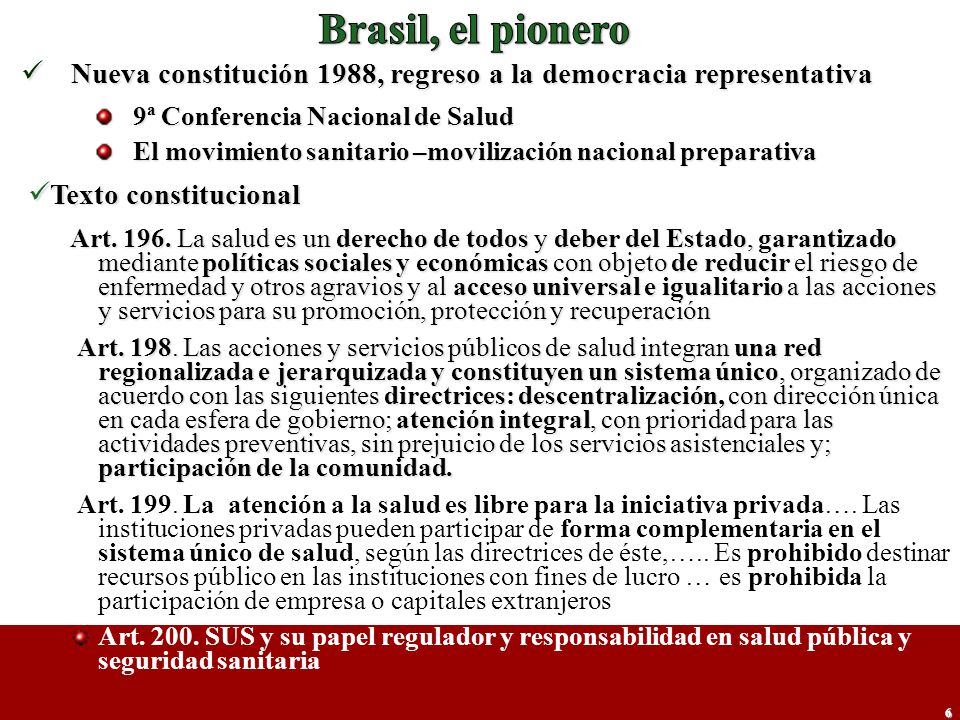 Brasil, el pionero Nueva constitución 1988, regreso a la democracia representativa. 9ª Conferencia Nacional de Salud.