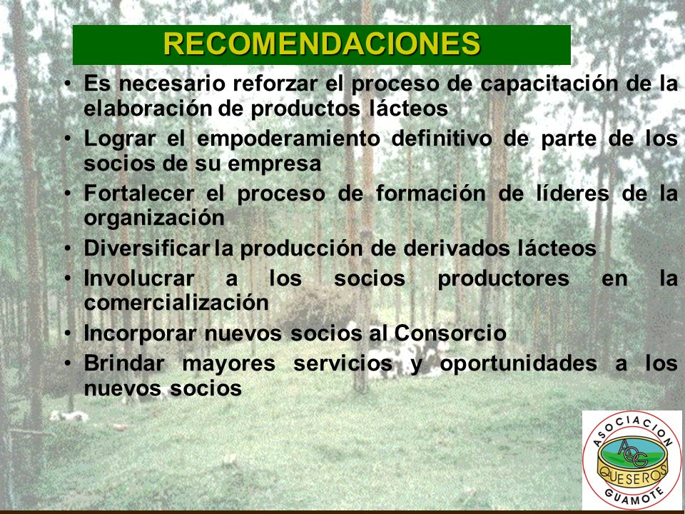 RECOMENDACIONES Es necesario reforzar el proceso de capacitación de la elaboración de productos lácteos.