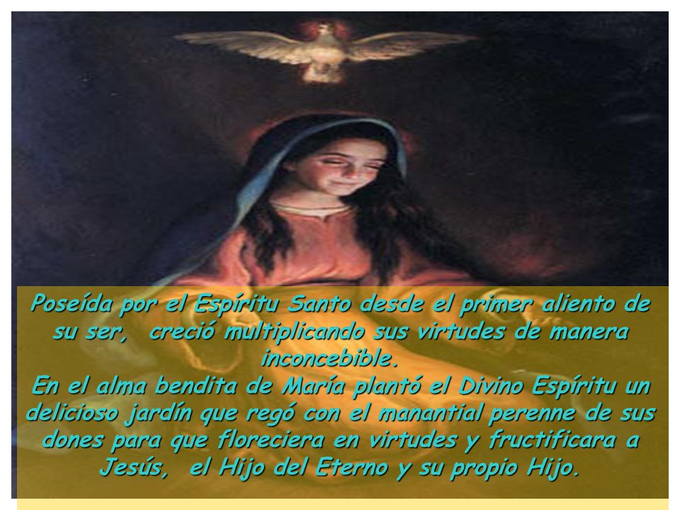 Poseída por el Espíritu Santo desde el primer aliento de su ser, creció multiplicando sus virtudes de manera inconcebible.
