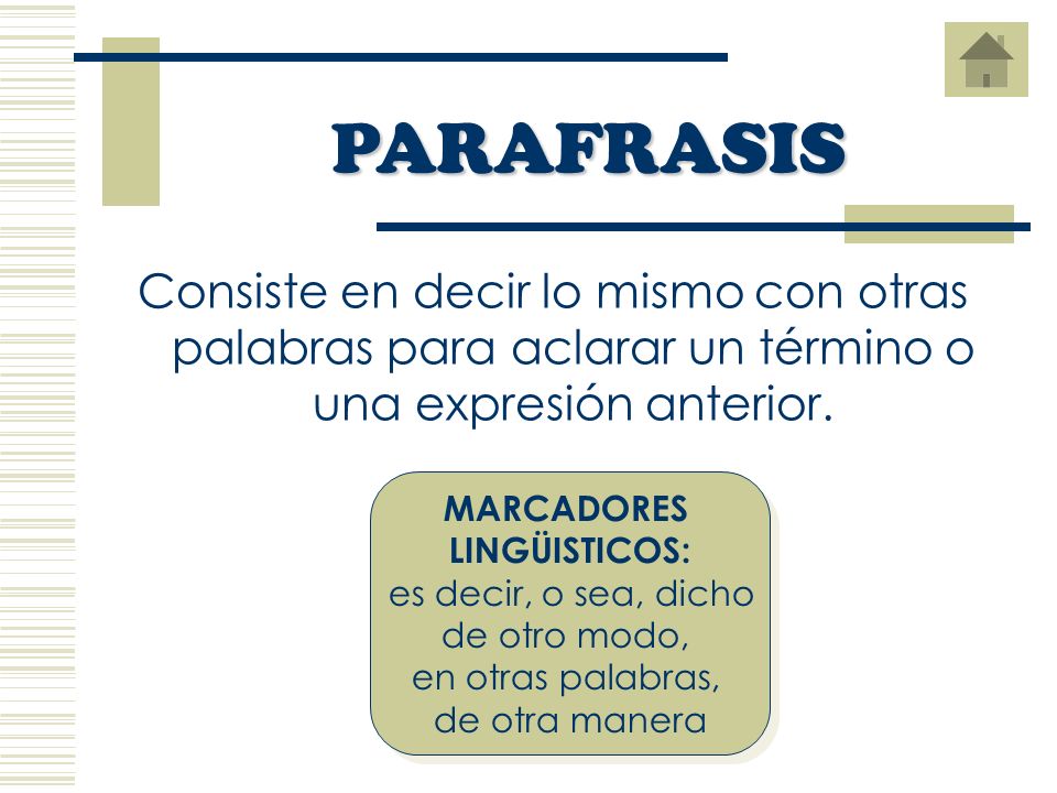PARAFRASIS Consiste en decir lo mismo con otras palabras para aclarar un término o una expresión anterior.