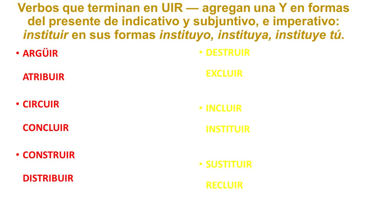 Verbos que terminan en UIR — agregan una Y en formas del presente de indicativo y subjuntivo, e imperativo: instituir en sus formas instituyo, instituya, instituye tú.