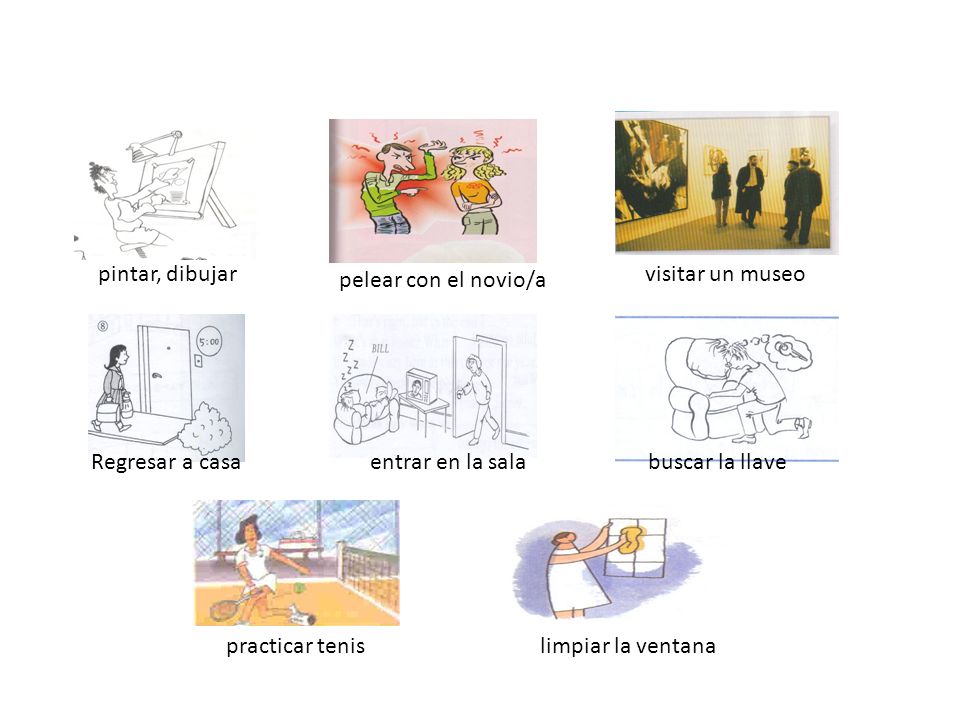 pintar, dibujar pelear con el novio/a. visitar un museo. Regresar a casa. entrar en la sala. buscar la llave.