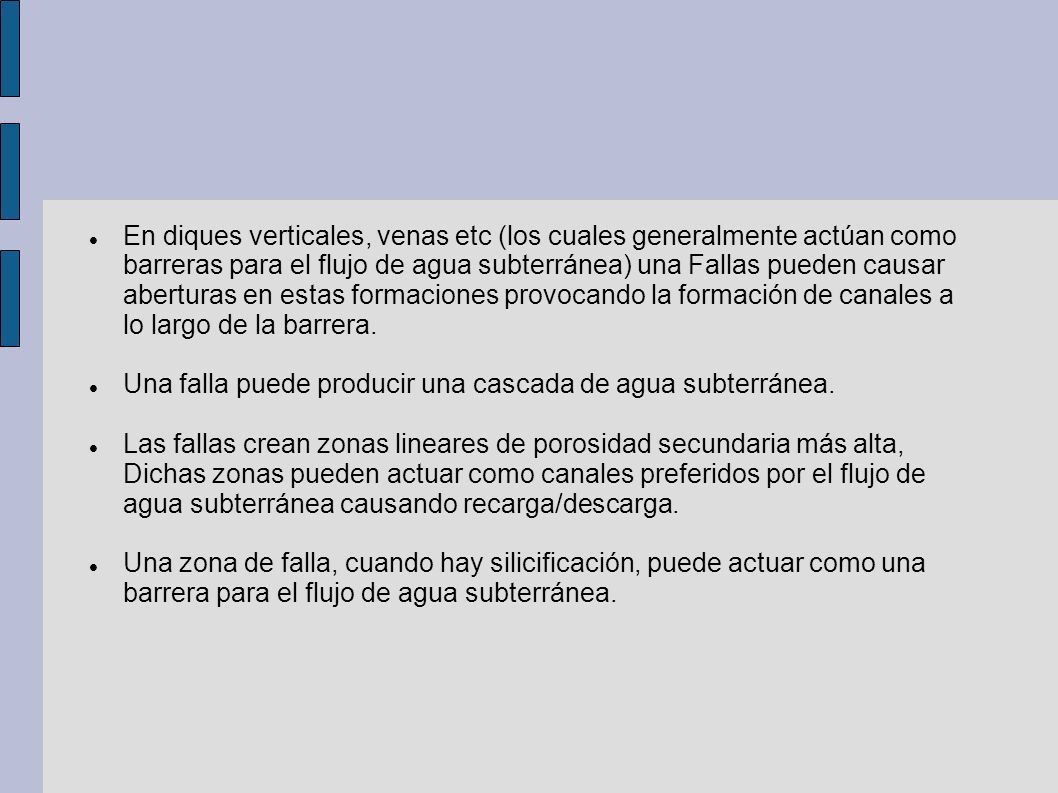 En diques verticales, venas etc (los cuales generalmente actúan como barreras para el flujo de agua subterránea) una Fallas pueden causar aberturas en estas formaciones provocando la formación de canales a lo largo de la barrera.