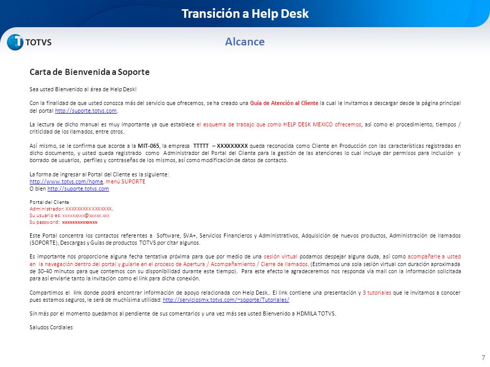 Transición a Help Desk Alcance Carta de Bienvenida a Soporte