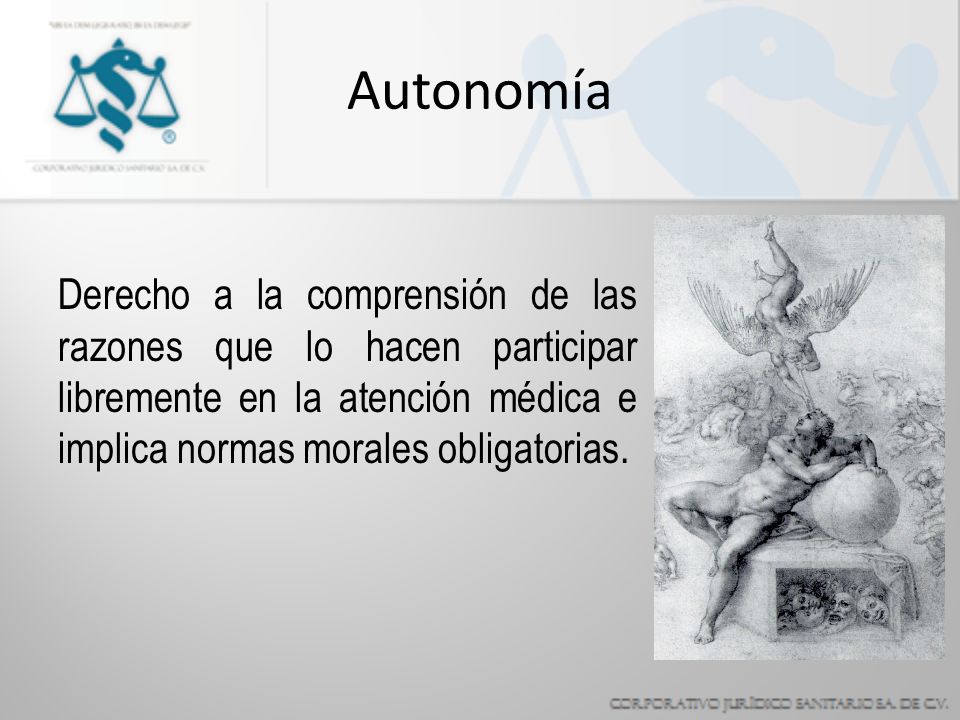 Autonomía Derecho a la comprensión de las razones que lo hacen participar libremente en la atención médica e implica normas morales obligatorias.