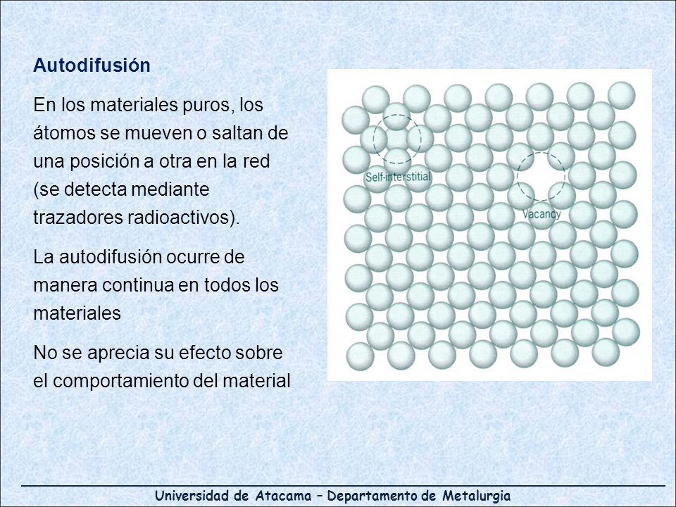 Autodifusión En los materiales puros, los átomos se mueven o saltan de una posición a otra en la red (se detecta mediante trazadores radioactivos).