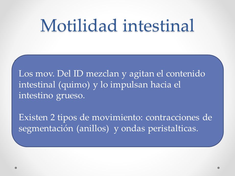 Motilidad intestinal Los mov. Del ID mezclan y agitan el contenido intestinal (quimo) y lo impulsan hacia el intestino grueso.