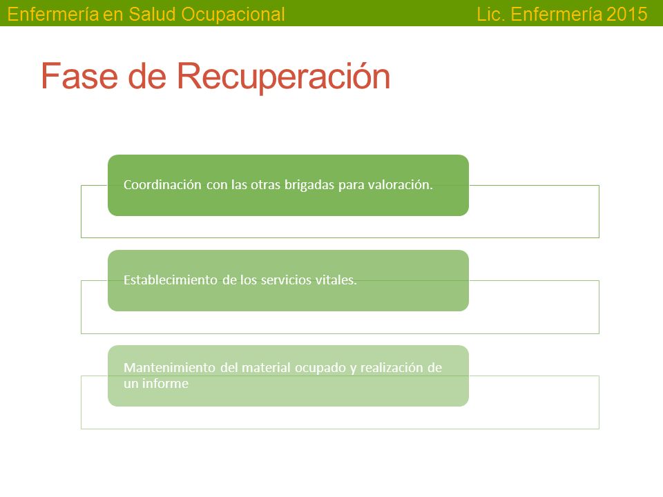 Fase de Recuperación Coordinación con las otras brigadas para valoración. Establecimiento de los servicios vitales.