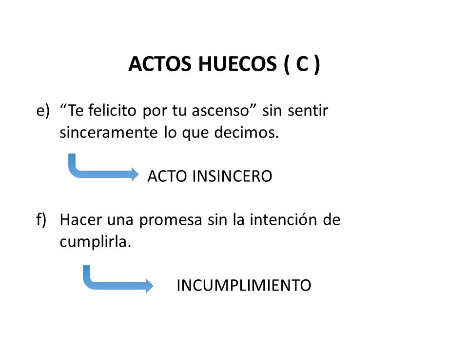ACTOS HUECOS ( C ) Te felicito por tu ascenso sin sentir sinceramente lo que decimos. ACTO INSINCERO.