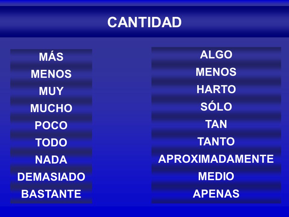 CANTIDAD ALGO MÁS MENOS MENOS HARTO MUY MUCHO SÓLO POCO TAN TODO TANTO