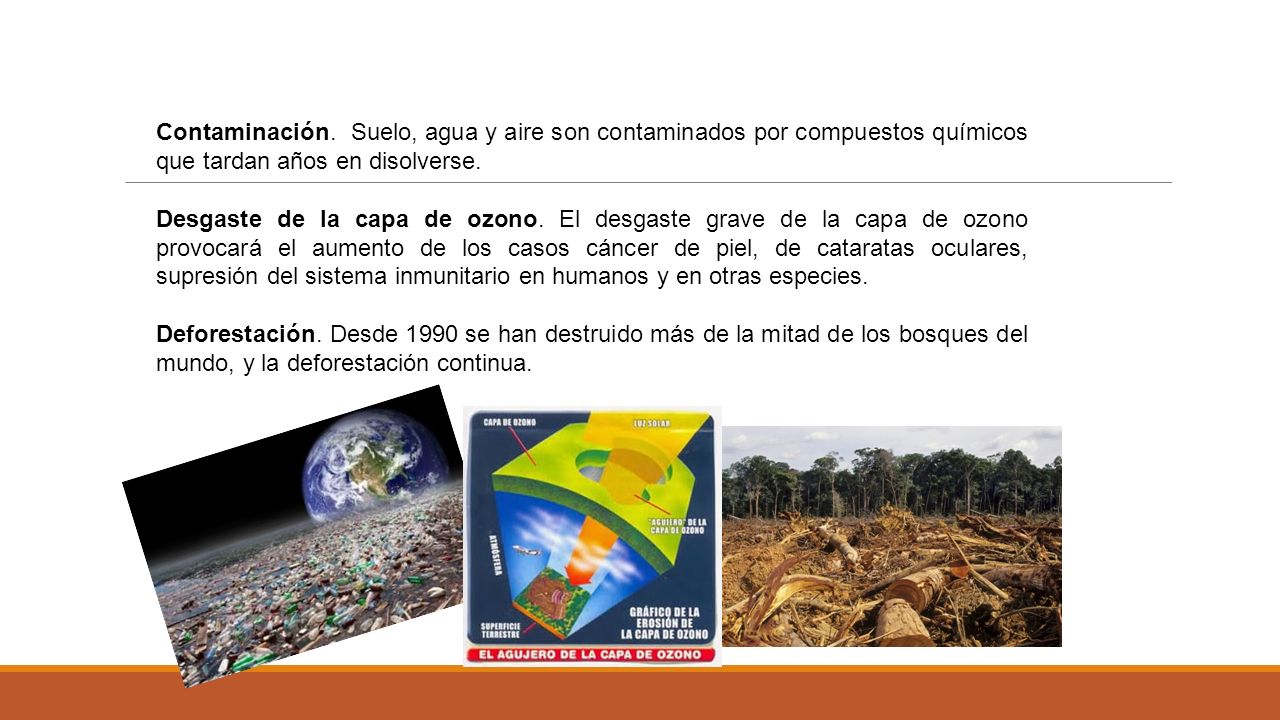 Contaminación. Suelo, agua y aire son contaminados por compuestos químicos que tardan años en disolverse.