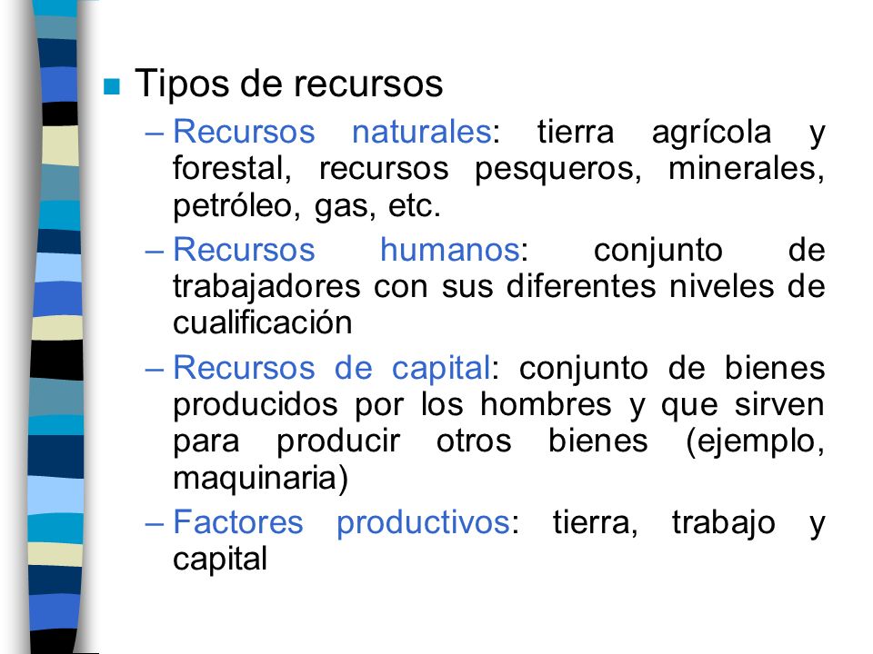 Tipos de recursos Recursos naturales: tierra agrícola y forestal, recursos pesqueros, minerales, petróleo, gas, etc.