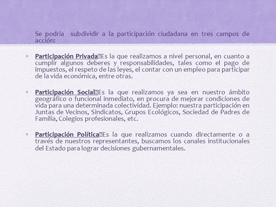 Se podria subdividir a la participación ciudadana en tres campos de acción: