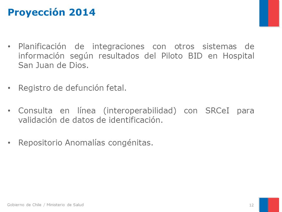 Proyección 2014 Planificación de integraciones con otros sistemas de información según resultados del Piloto BID en Hospital San Juan de Dios.