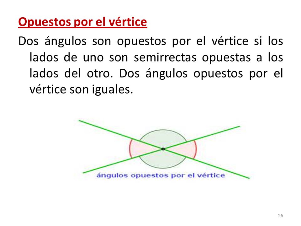 Opuestos por el vértice Dos ángulos son opuestos por el vértice si los lados de uno son semirrectas opuestas a los lados del otro.