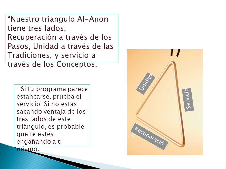 Nuestro triangulo Al-Anon tiene tres lados, Recuperación a través de los Pasos, Unidad a través de las Tradiciones, y servicio a través de los Conceptos.